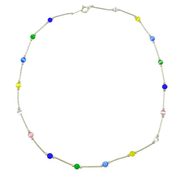 Multicolor Cat's Eye Beaded Necklace | Sterling Silver 925 | 15.75" - Picture 2 of 5